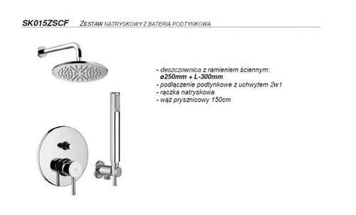 Kompletny zestaw prysznicowy podtynkowy Piper z baterią 2 -drożną manualną, z głowicą 30 cm, chrom